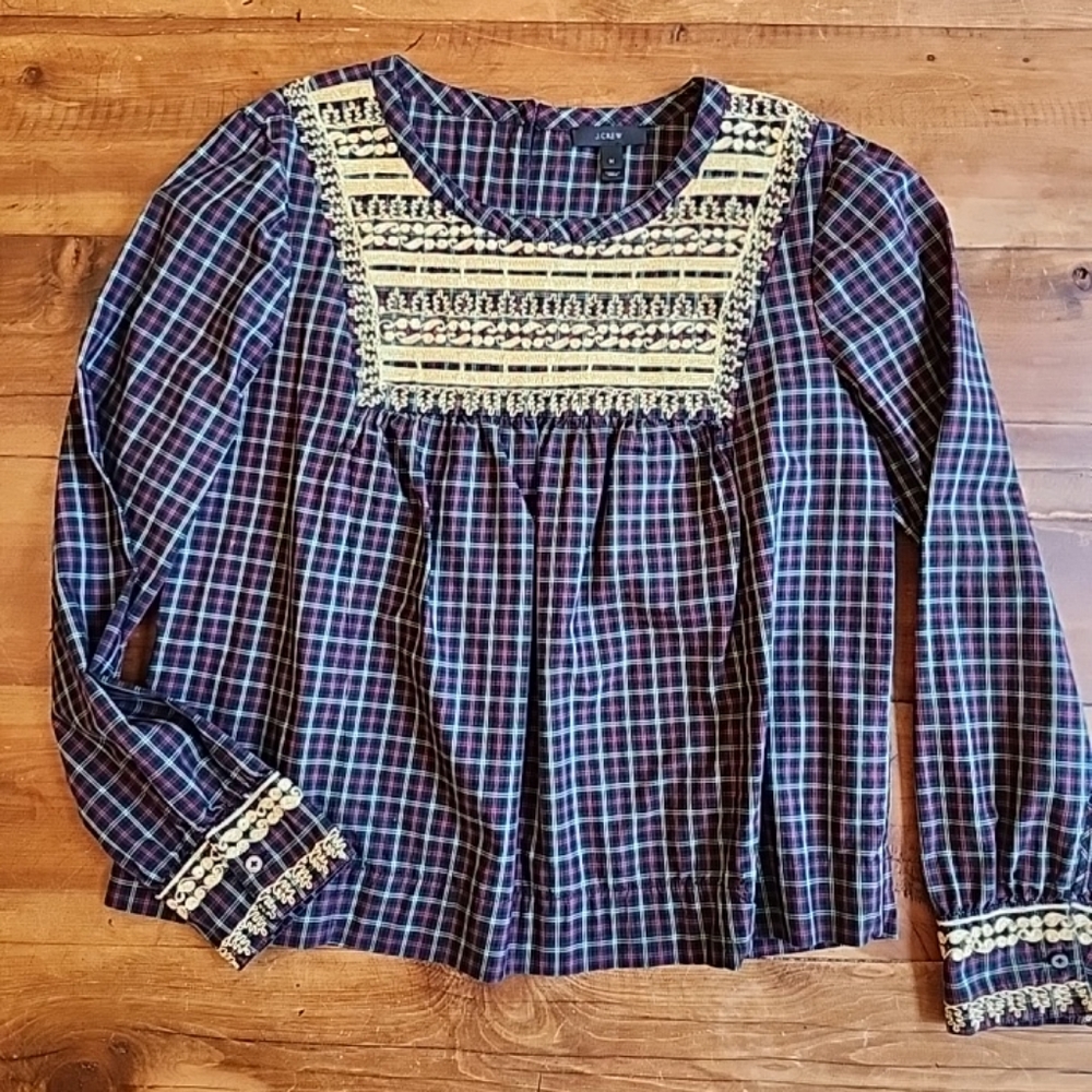 J. Crew Peasant Style Holiday Blouse Size Medium Plaid Long Sleeve